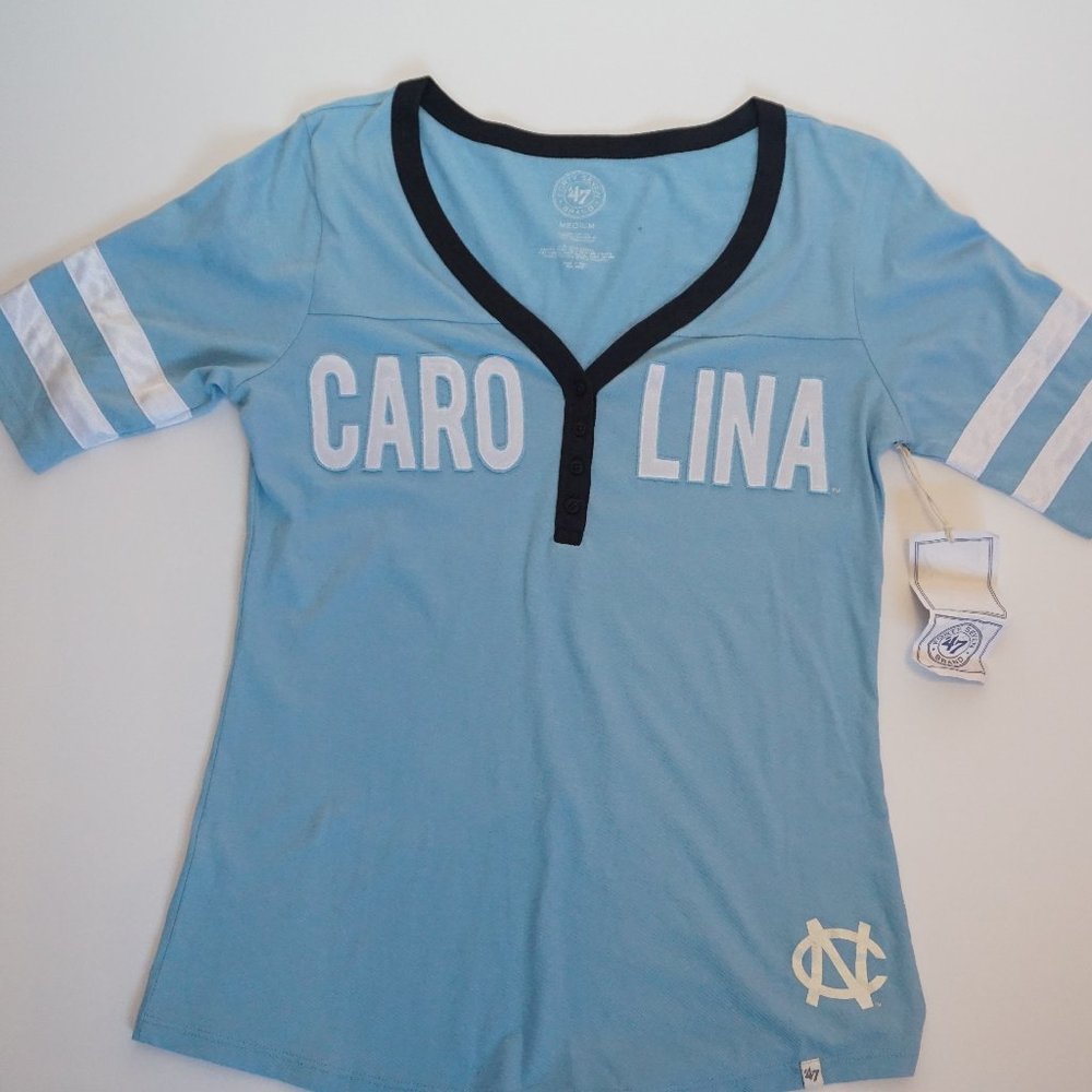 North Carolina Tar Heels Women's 47 Brand Button V T Shirt Sky Blue Size Medium